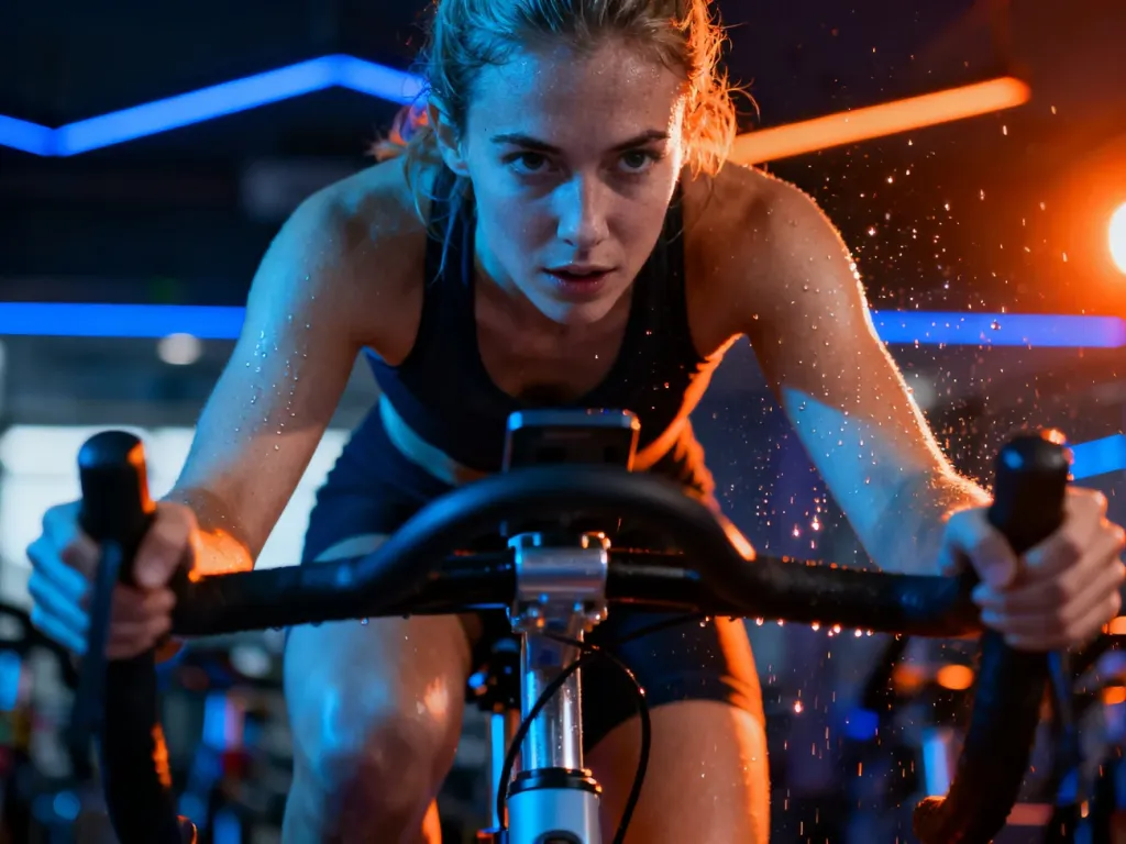 Skupiona kobieta intensywnie ćwicząca na rowerze stacjonarnym w nowoczesnym klubie fitness.