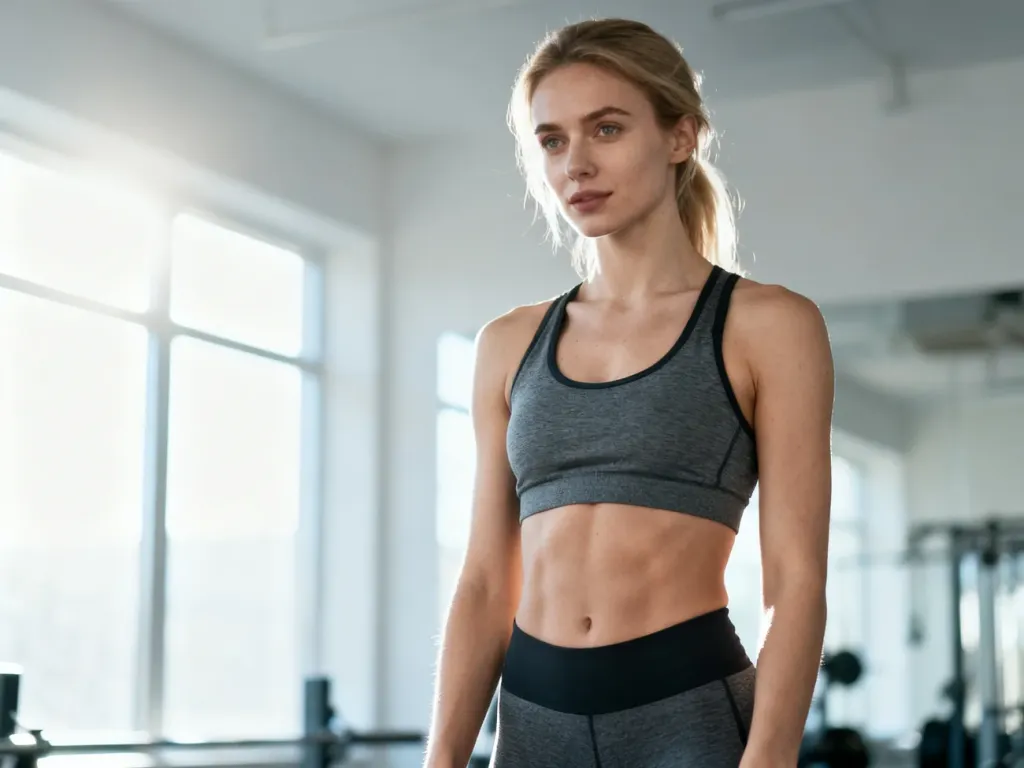Wysportowana kobieta w stroju sportowym świadomie napinająca mięśnie brzucha w jasnej sali treningowej.